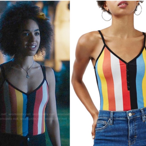 Topshop Rainbow Striped Henley bodysuit top - Picture 2 of 6